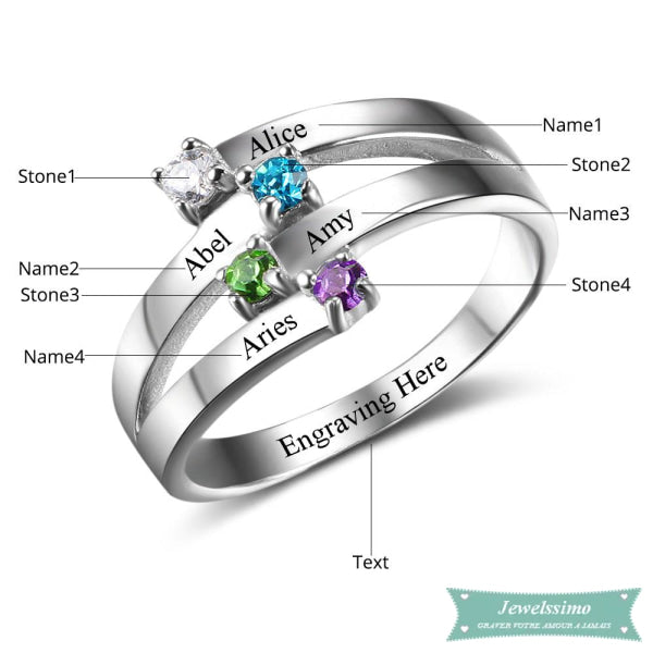 Bague famille 4 prénoms Pour la vie en argent sterling bague famille