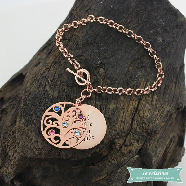 Bracelet Arbre De Vie Brothers And Sisters Avec Pierre De Naissance En Plaqué Or Rose Bracelet Arbre De Vie