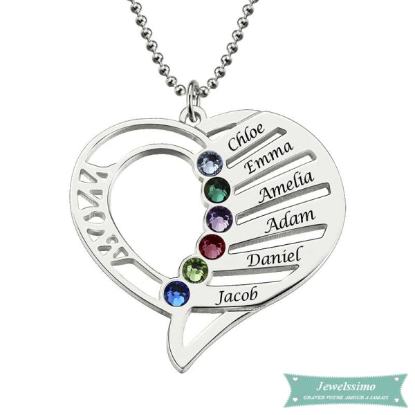 Collier Famille 6 Prénoms Avec Pierre De Naissance En Argent Sterling 35Cm Famille