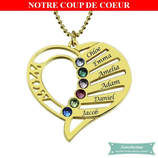 Collier Famille 6 Prénoms Avec Pierre De Naissance En Plaqué Or Famille