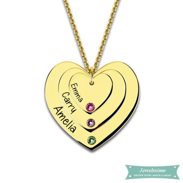 Collier Famille Triple Coeur En Argent Sterling Famille