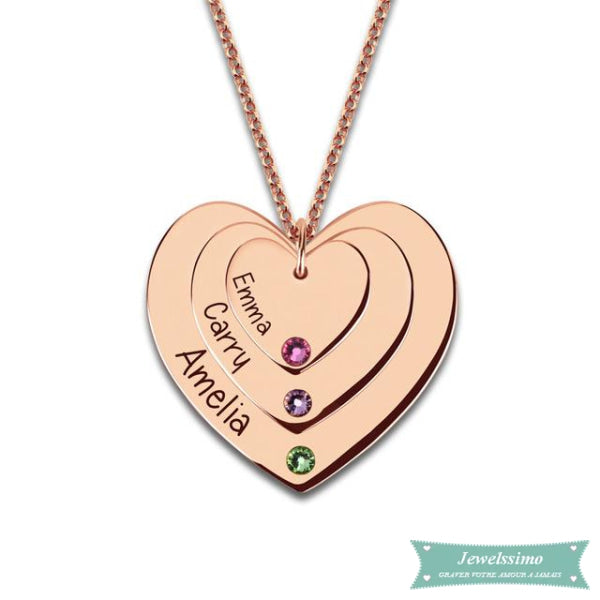 Collier Famille Triple Coeur En Plaqué Or Famille