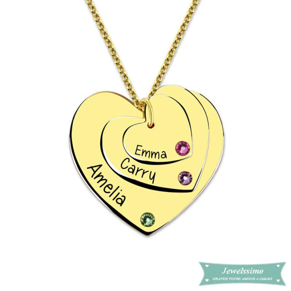 Collier Famille Triple Coeur En Plaqué Or Famille