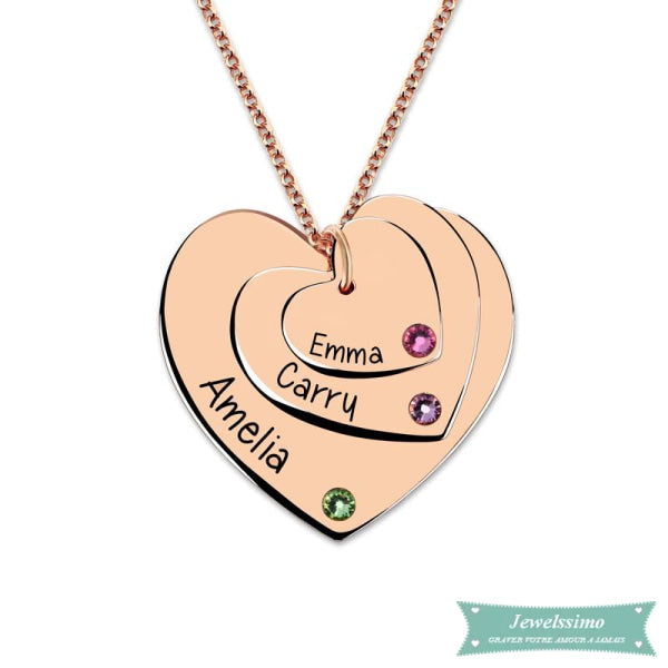Collier Famille Triple Coeur En Plaqué Or Rose
