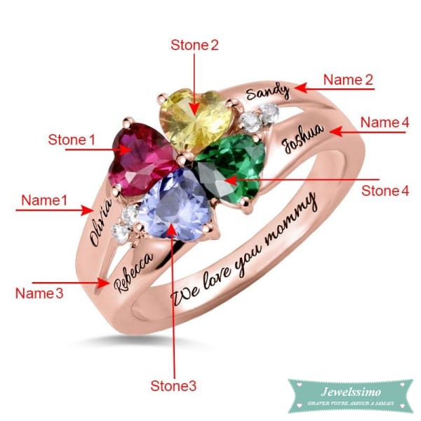 Bague famille 4 prénoms Happyness en plaqué or rose bague famille