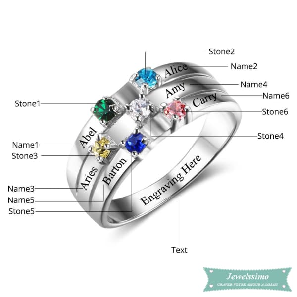 Bague Famille 6 Prénoms Avec Pierre De Naissance En Argent 925 Bague Famille