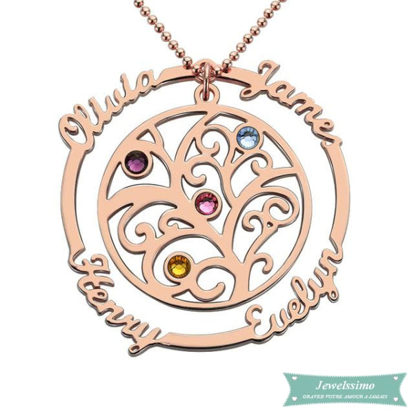 Collier Arbre De Vie 4 Prénoms En Plaqué Or Rose 35Cm Arbre De Vie