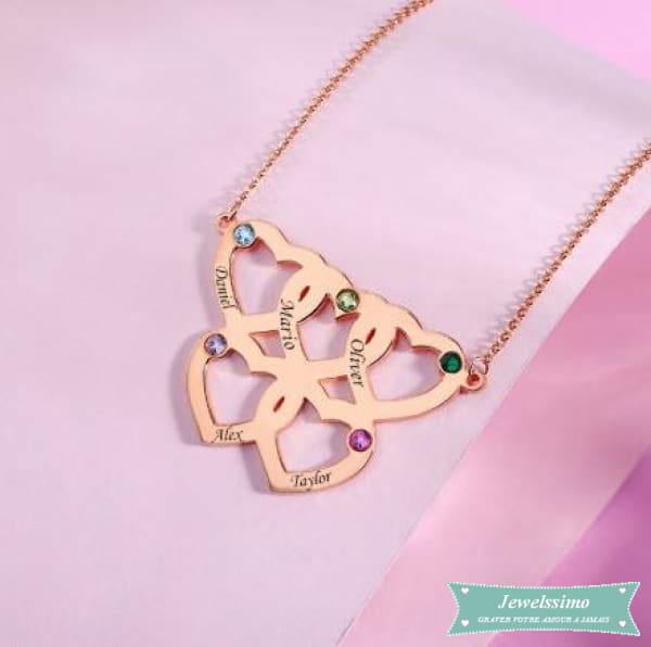 Collier Charmante famille 5 prénoms en plaqué or rose Famille