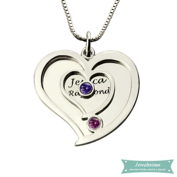 Collier Couple Coeur En 3D Argent Sterling 35Cm