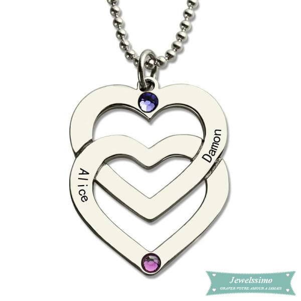 Collier Couple Double Coeur Suspendu En Argent Sterling 35Cm Couple