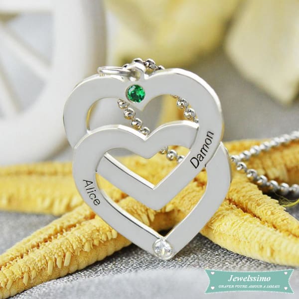 Collier Couple Double Coeur Suspendu En Argent Sterling Couple