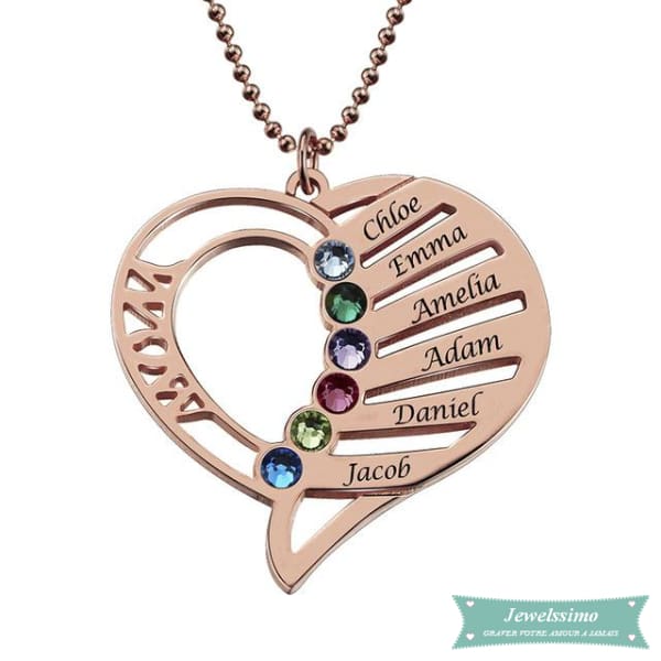 Collier famille 6 prénoms avec pierre de naissance en plaqué or rose 35cm Famille