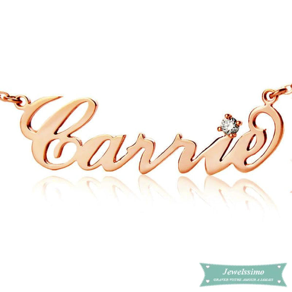 Collier prénom style Carrie en plaque or rose avec pierre de naissance 35cm Carrie