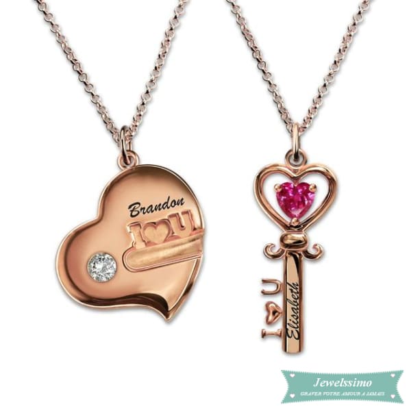 Collier Couple Key To My Heart En Plaqué Or Rose 35Cm
